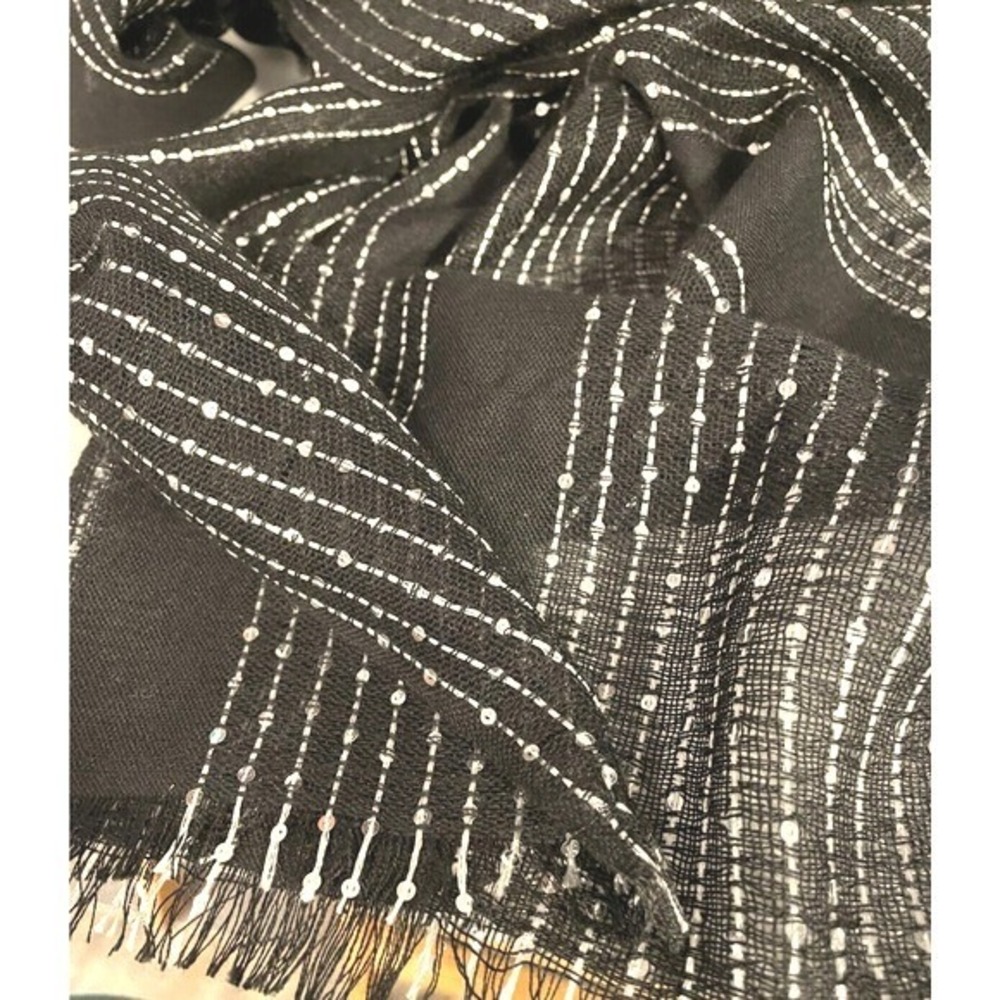 Scarf Black silver thread sequined striped 70" X 18" shawl prom formals holidays